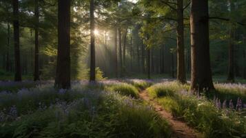Enchanting forest path with sunlight streaming through the canopy and blooming flowers photo