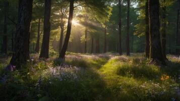 Enchanting forest path illuminated by golden sunlight beaming through trees photo