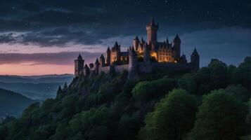 Majestic Castle Illuminated at Twilight under a Starry Sky over Forest photo