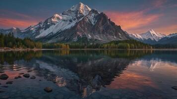 Majestic mountain peak reflecting in serene lake at colorful dawn landscape photo