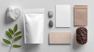 Minimalist Packaging Pouch Mockup Designed With Natural Props in a Clean Setting, Highlighting Product Presentation and Branding photo
