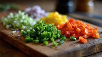 Chopped Vegetables Arranged on a Wooden Cutting Board, Showcasing Vibrant Colors and Freshness, Ideal for Meal Preparation in a Cozy Kitchen Setting photo
