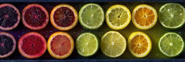 Color-matching Arrangement of Sliced Fruits Showcasing a Gradient of Hues With a Top Third Exposed in a Vibrant Display photo