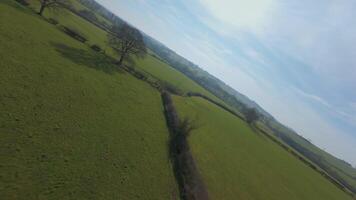 Speed drone flight near trees with rural winter scenery aerial footage video