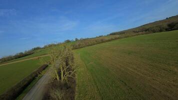 FPV drone fast aerial pass near trees and rural fields in spring light video