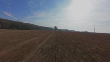 Cinematic FPV drone flying close to rural trees in early spring light video