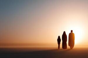 Family united in solemn reflection under a warm golden sky during the sacrifice of Ibrahim photo