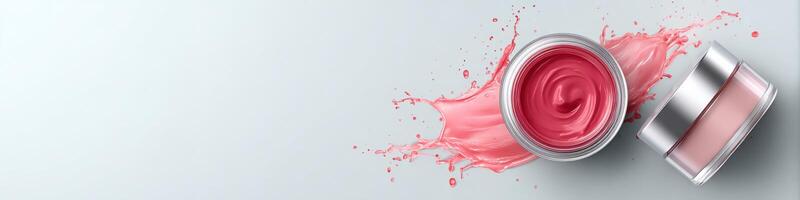 Makeup primer cream jars with colorful splash effects and space for advertising photo