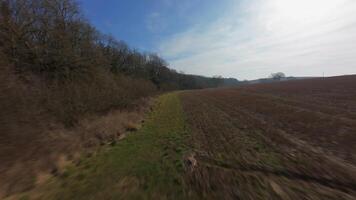 Fast aerial drone footage close to trees in rural winter spring scenery video