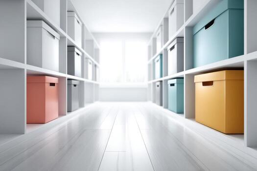 Bright room with colorful file boxes arranged neatly in shelving units and open space in the center photo