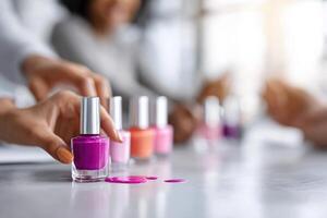 Bright nail polish bottles and cheerful friends enjoy a fun manicure session in a vibrant setting photo