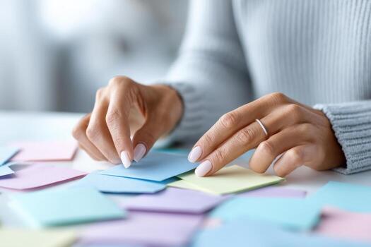 manos clasificación vistoso notas para eficaz información administración durante ocupado trabajo horas foto