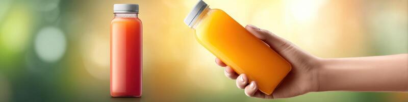 Brightly labeled juice bottle held in hand against radiant background with space for advertising text photo