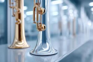 Stunning display of finished wind instruments in modern production area photo