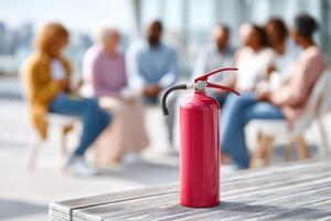 Engaging discussion on fire safety with broken fire extinguisher in a lively outdoor setting photo