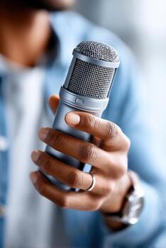 Close-up of Hispanic announcer engaged in script reading with microphone in hand for live broadcast photo