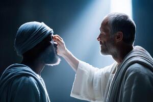 Jesus healing the blind man with hope and light radiating in a peaceful setting photo