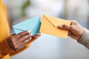Hands exchange letters of complaint in a bright environment highlighting neighborly communication photo
