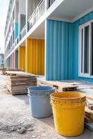 Affordable housing construction site with vibrant materials and preparation for new homes photo