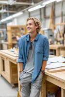 Caucasian teen excitedly exploring new hobbies in vibrant workshop setting full of creative opportunities photo