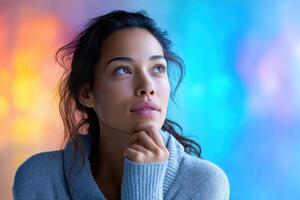 Exploring thoughts in a vibrant meditation space with a curious young woman photo