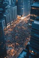 Vibrant metropolis illuminated at night with diverse crowds gathering in the city center photo