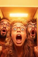 Passengers of various backgrounds experience mixed emotions trapped in an elevator during a heatwave photo