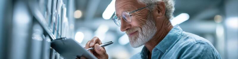 Elderly database administrator organizing files in a bright administrative office space photo