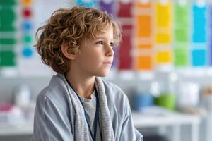 Young boy expresses apprehension about visiting the pediatric clinic for a needle procedure photo