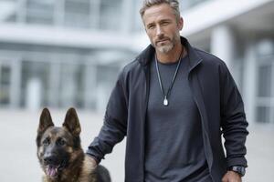 Expert dog handler showcases training techniques with German shepherd in outdoor setting photo