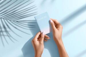Chic passport cover held in hands against bright background with clear space for travel inspiration photo