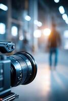 Close-up of professional camera equipment focused on creative content production in a bright studio photo