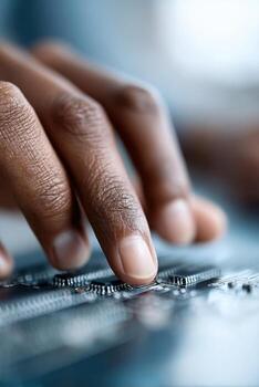 de cerca de Hispano hembra cibernético programación ai software con precisión en un moderno espacio de trabajo foto