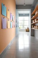 Colorful magnetic boards enhance a cheerful garage workspace with organized shelves and inviting atmosphere photo