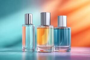 Vibrant display of empty perfume bottles ready for branding and design customization photo