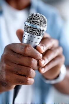 Hispanic announcer holds microphone and reads script during live event in a bright studio setting photo