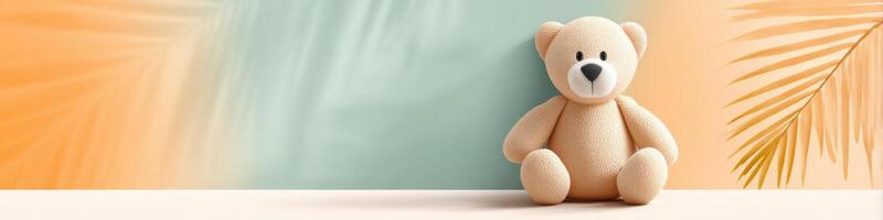 Soft toy amidst vibrant colors and palm leaves creates a playful and inviting atmosphere photo