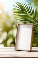 Bright cardboard frame held by palms with lively background creating space for personalized content photo