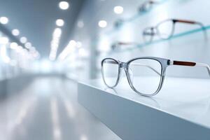 Bright room displaying a variety of eyeglasses with a spacious central area for potential use photo