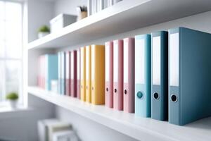 Bright office room with colorful folders highlighting organization and productivity photo