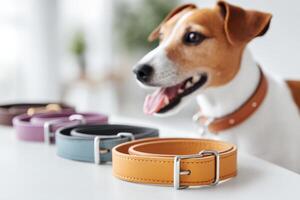 Colorful dog collars displayed with a happy dog on a white surface, ideal for pet lovers and accessorizing photo