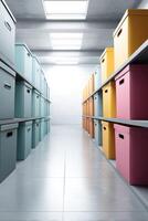 Vivid archive boxes stacked in a spacious warehouse with room for creativity and organization photo