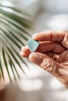 Creative guitar pick close-up held in hand with palm leaves in a lively, sunlit room setting photo