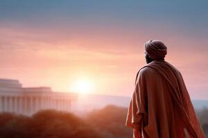 Musa stands resolutely before Pharaohs grand palace at sunset photo