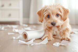 Puppy causes delightful mess by unraveling gift wrap on a sunny afternoon indoors photo