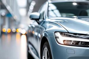 Sleek modern car in bright showroom showcasing innovative automobile design and craftsmanship photo