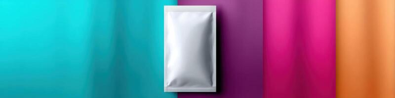Vibrant hair sheet mask packaging displayed against colorful backdrop with space for promotional text photo
