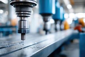 Close-up view of colorful drilling equipment on a production line in a manufacturing facility photo