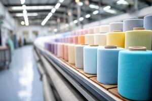 Bright filter manufacturing facility showcasing colorful filter products on display with copy space photo