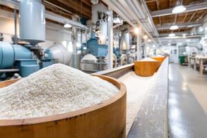 Bright and colorful interior view of a rice processing facility showcasing the milling process and production area photo